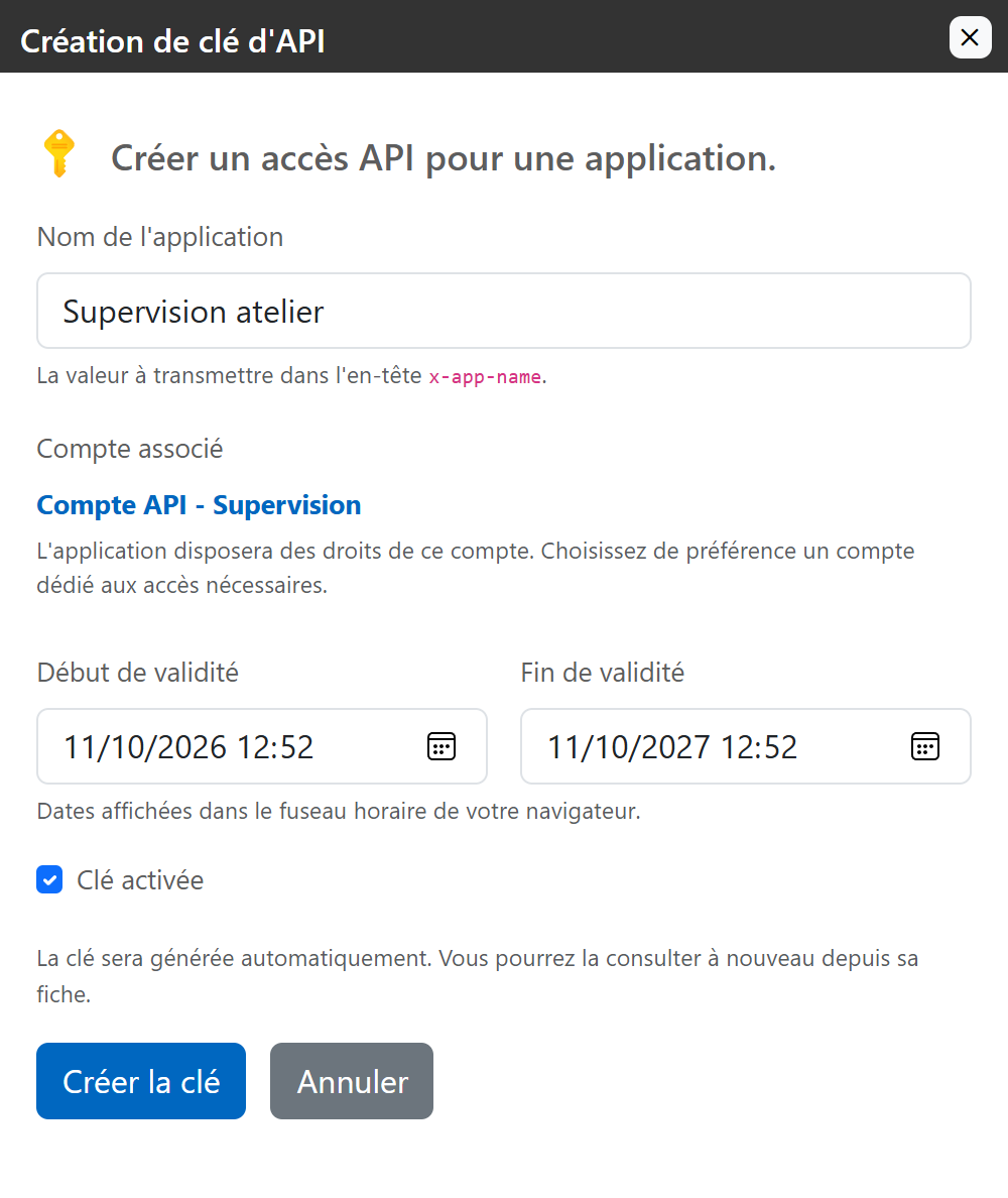 Creare una chiave per la Supervisione del Workshop con un account dedicato e un periodo di validità