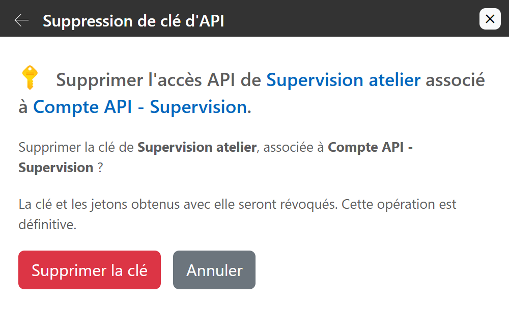 Conferma della cancellazione di una chiave API e revoca del suo accesso