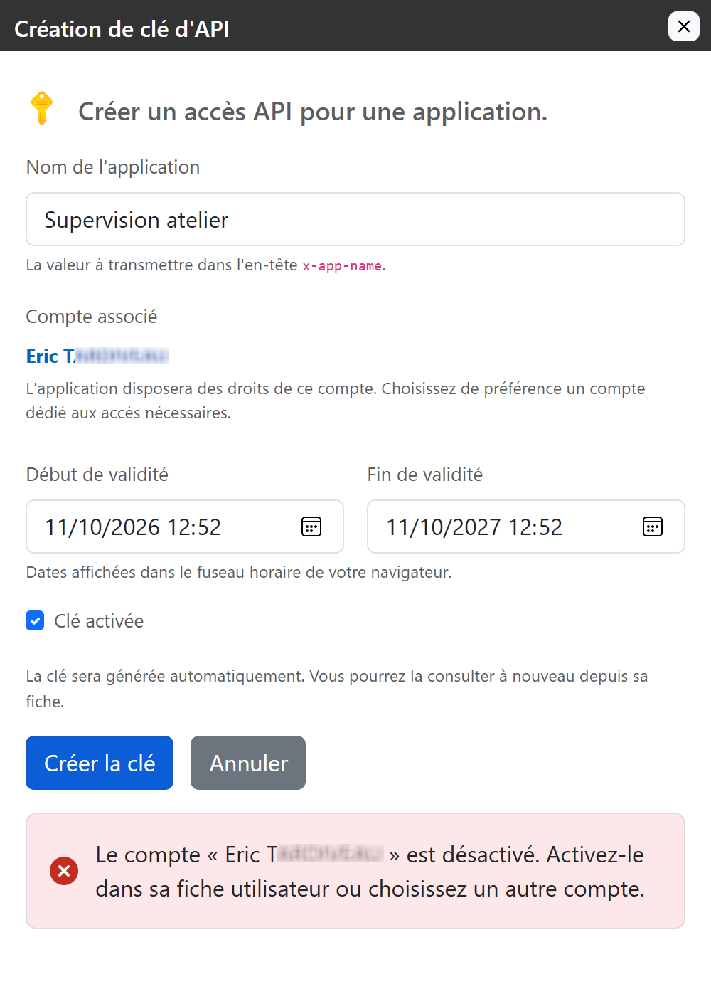 Creazione rifiutata per l'account disabile Eric TARDIVEAU