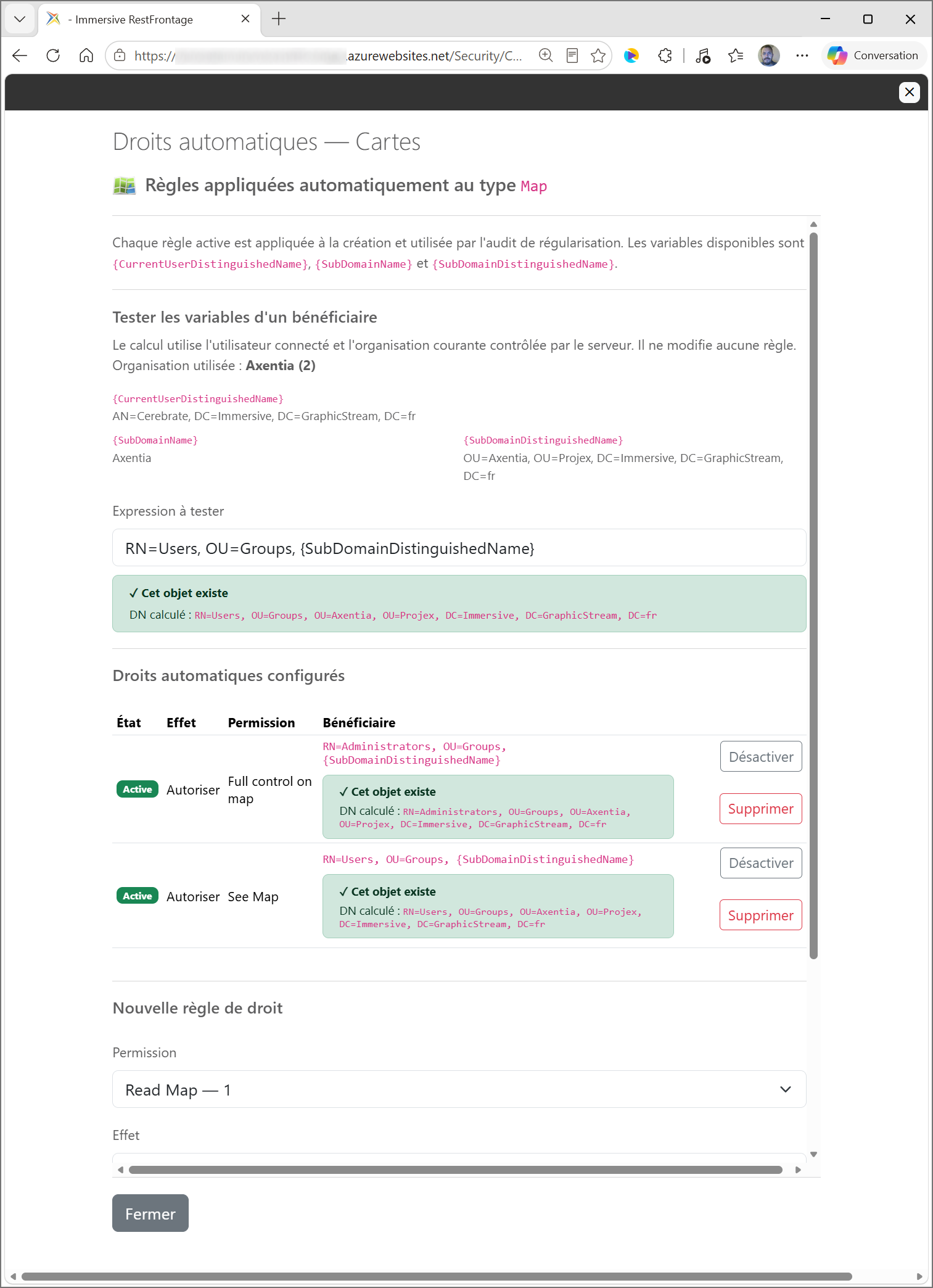 Fenêtre de gestion des droits automatiques