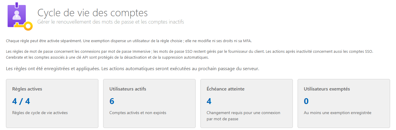 Tableau de bord du cycle de vie des comptes, avec des données de démonstration.