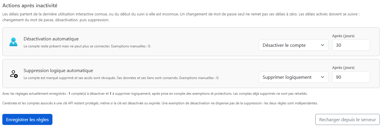 Seuils d'inactivité, comptes concernés et boutons d'enregistrement et de rechargement.