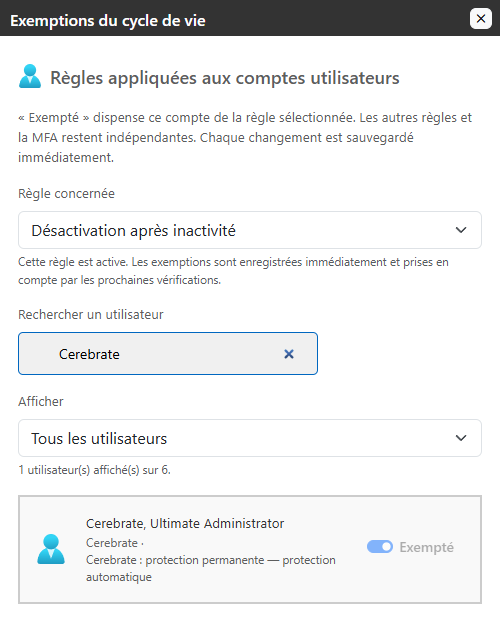 Protection permanente de Cerebrate pour la désactivation après inactivité. Elle existe aussi pour la suppression logique.