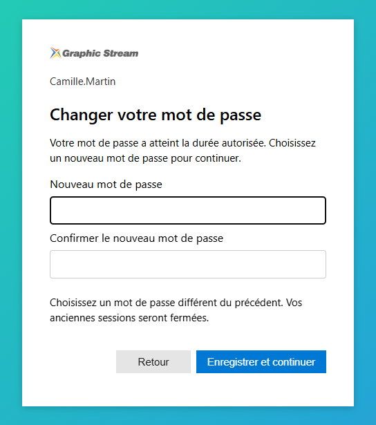 Demande de renouvellement lorsque le mot de passe a atteint la durée autorisée.