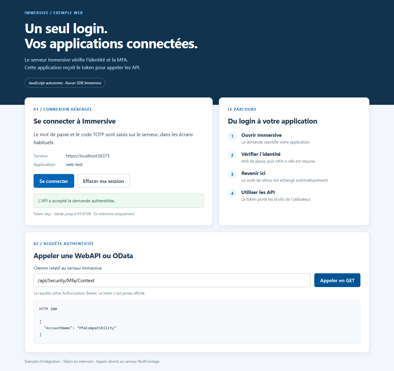 Di nuovo nell'applicazione web: Token ricevuto e risposta autenticata dall'API