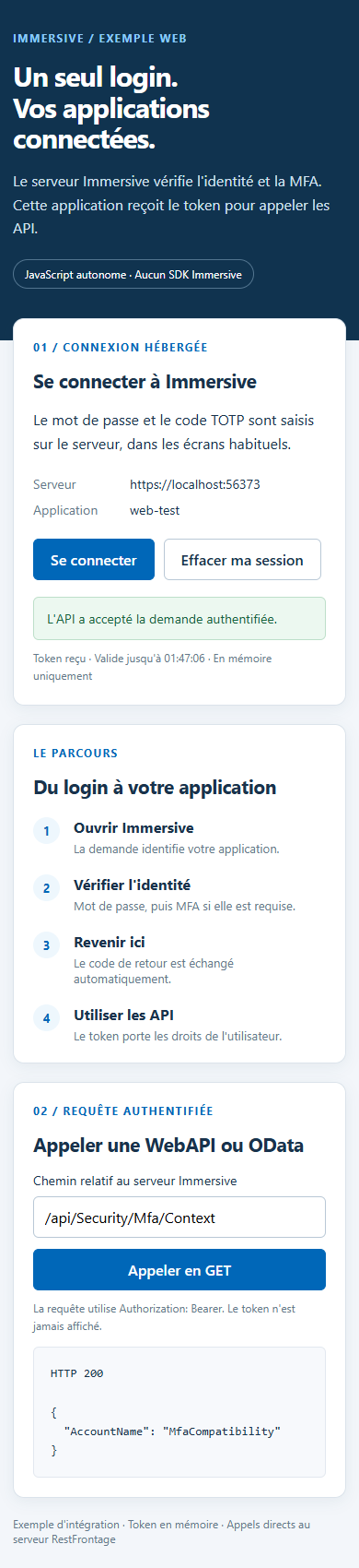 Esempio web per small-screen: login completato e risposta API autenticata
