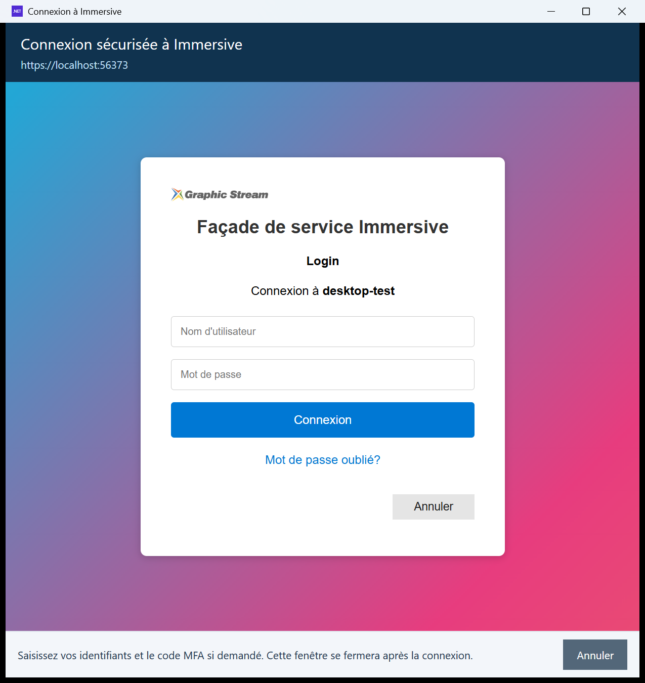 Login immersivo visualizzato nella finestra di WebView2 dell'applicazione WPF