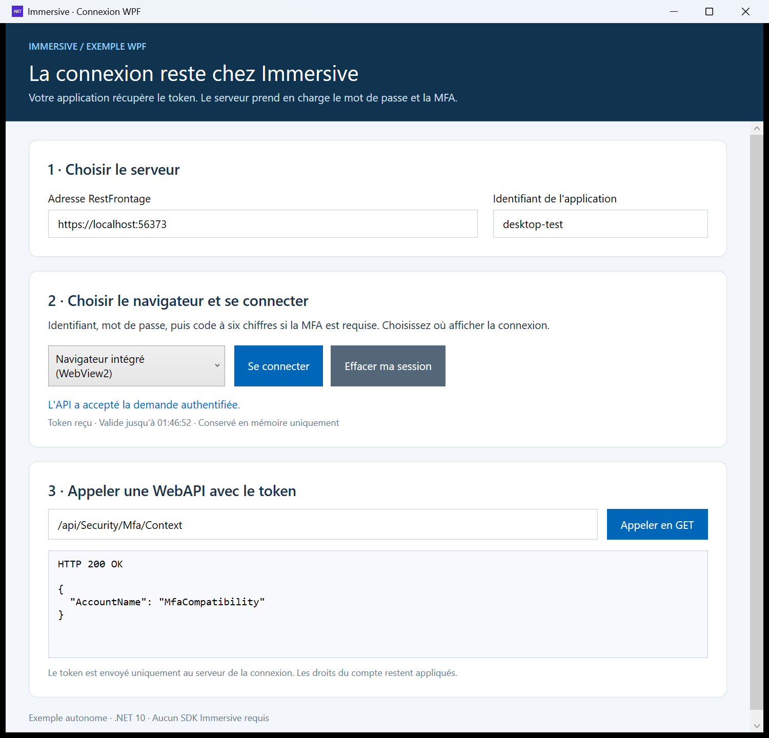 Applicazione WPF dopo login integrato: token ricevuto e chiamata WebAPI riuscita