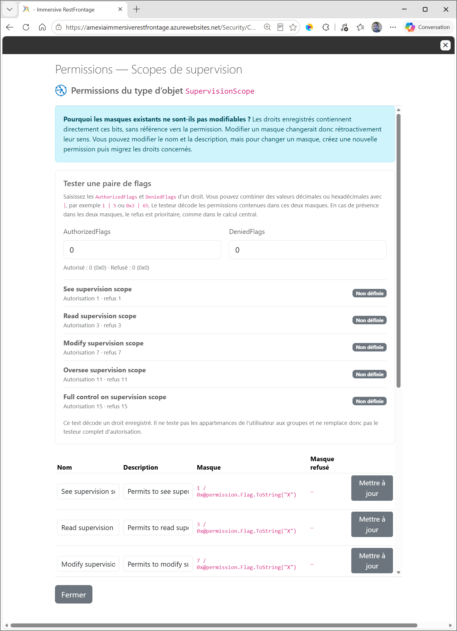 Fenêtre de gestion des permissions d’un type sécurisé