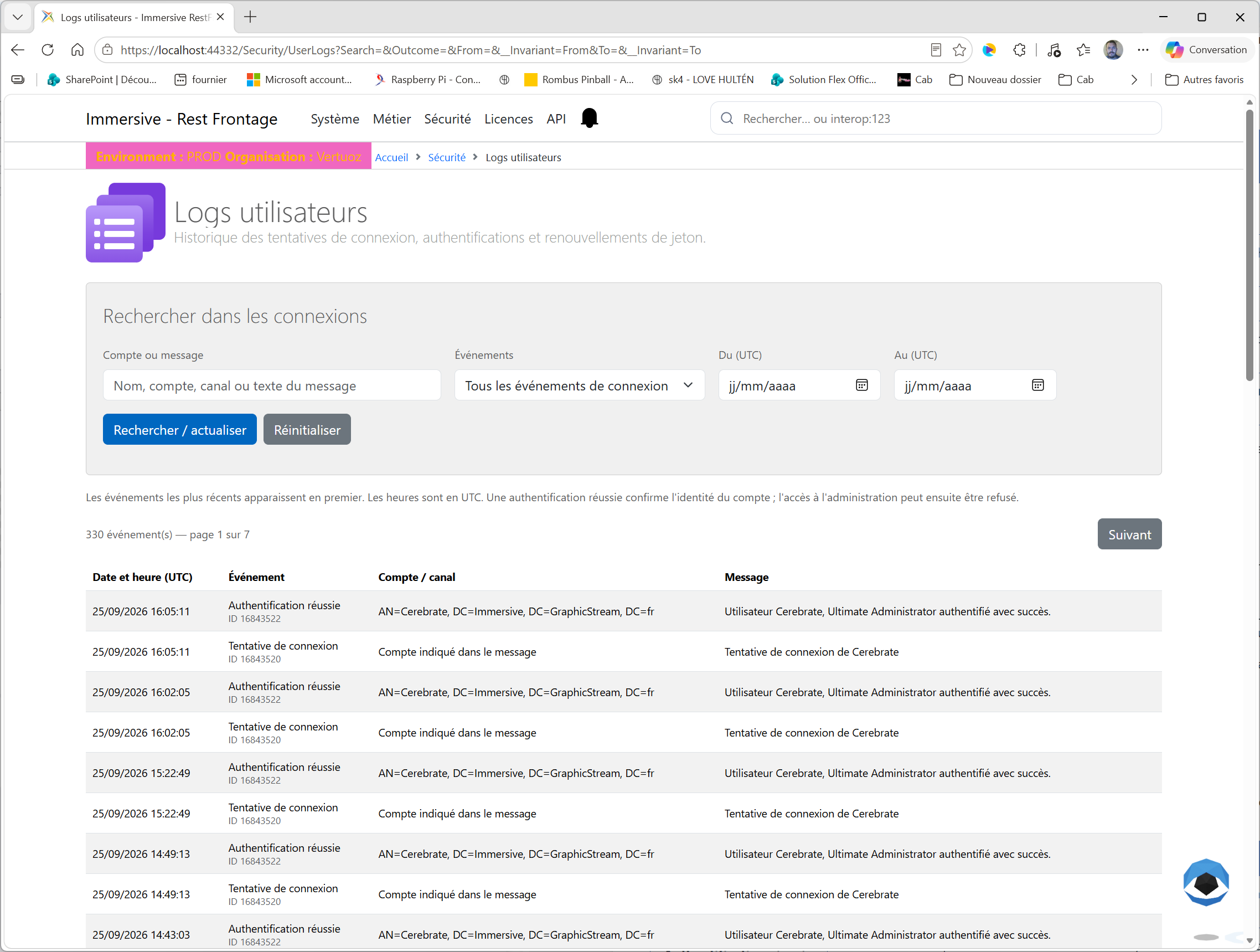Page Logs utilisateurs avec les filtres de recherche et l’historique des connexions