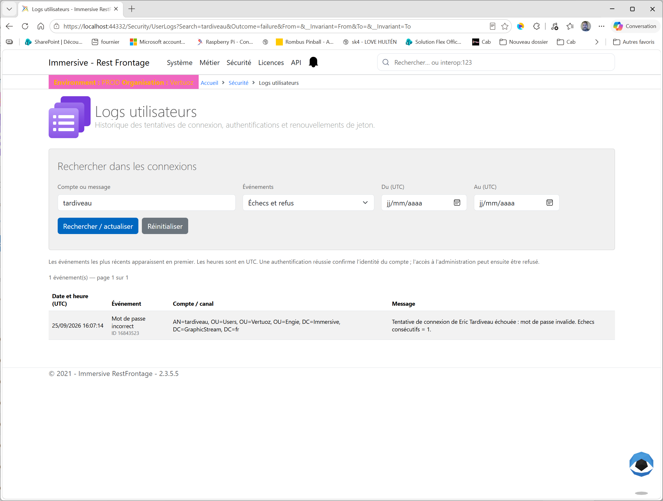 Recherche des échecs de connexion d’un compte de démonstration et lecture du motif du refus