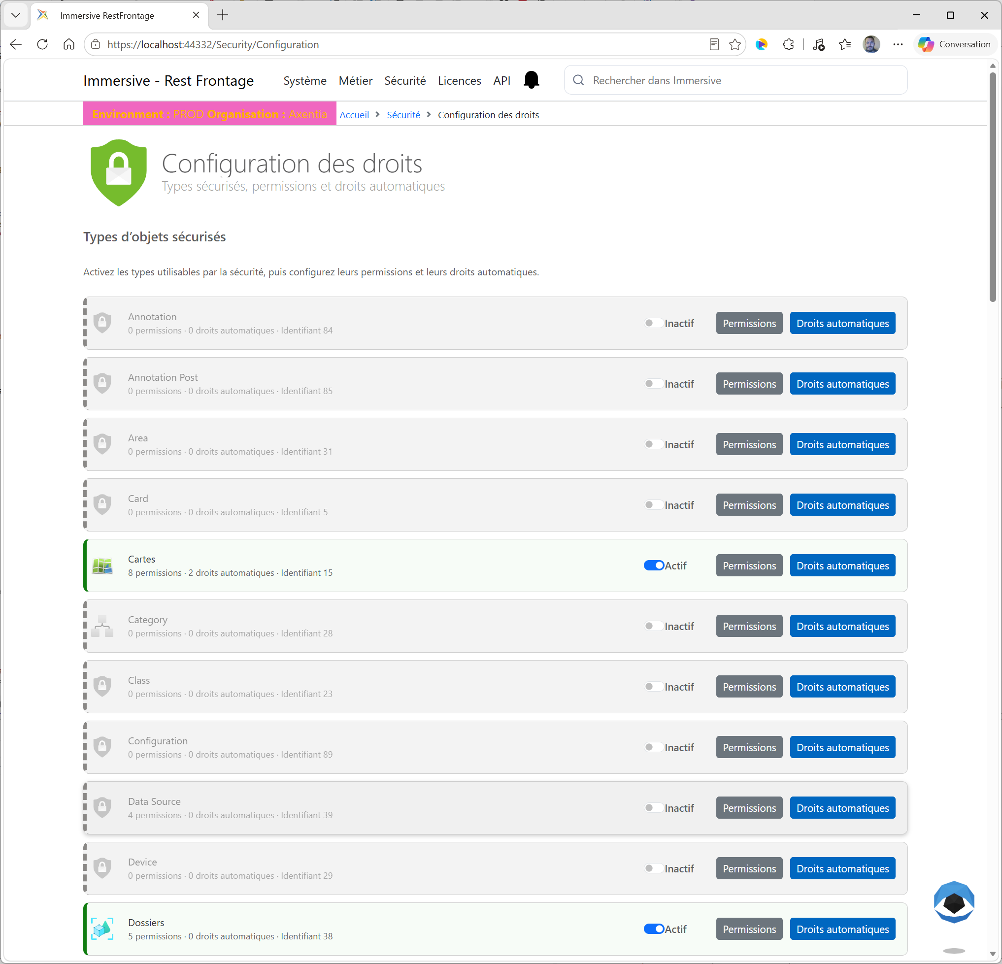 Liste des types d’objets configurables pour la sécurité