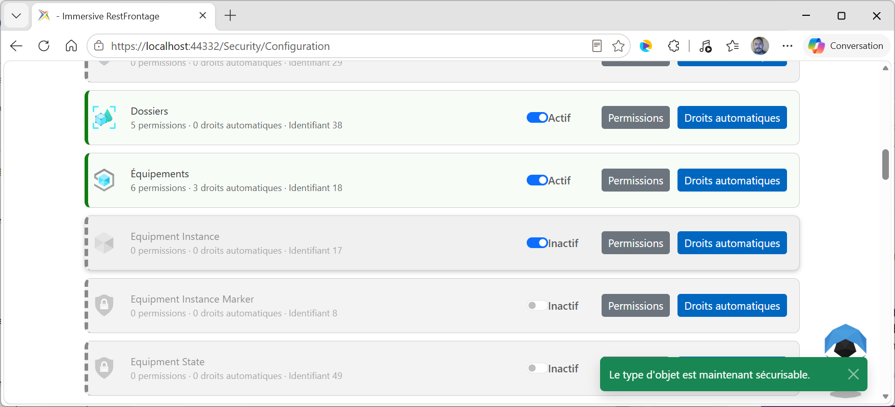 Activation d’un type d’objet pour la configuration de sécurité