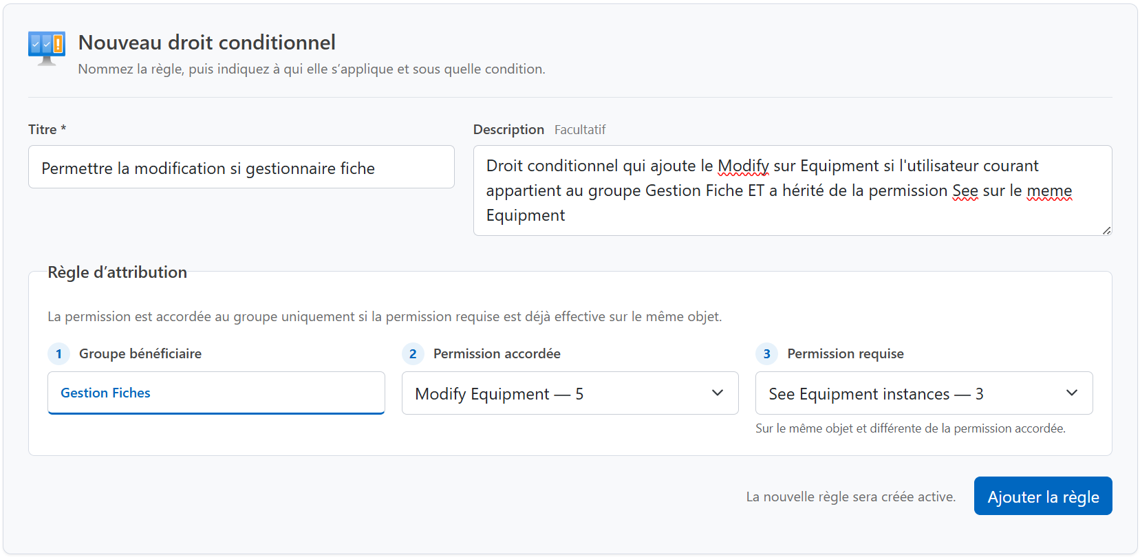 Sélection du groupe CP et création de la règle Modify si See