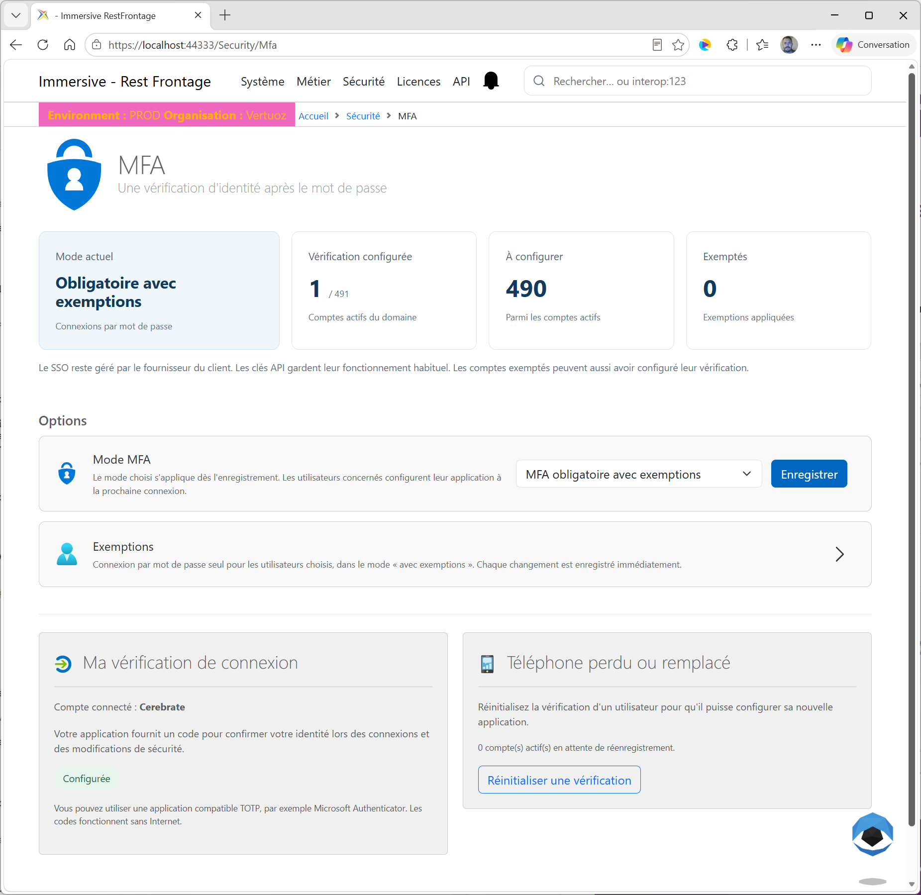 Dashboard e opzioni della pagina MFA