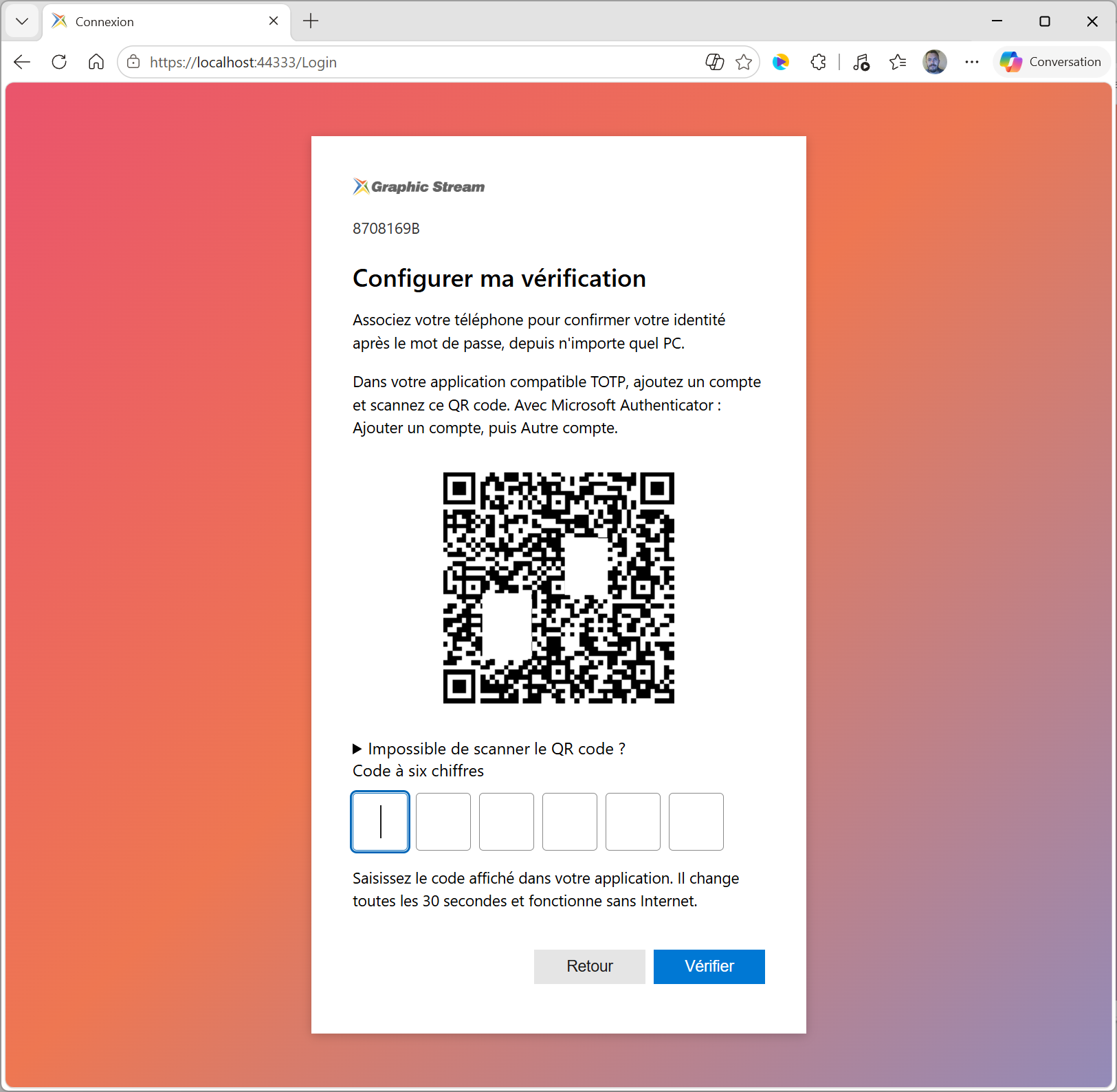 Prima configurazione MFA con codice QR e conferma a sei cifre