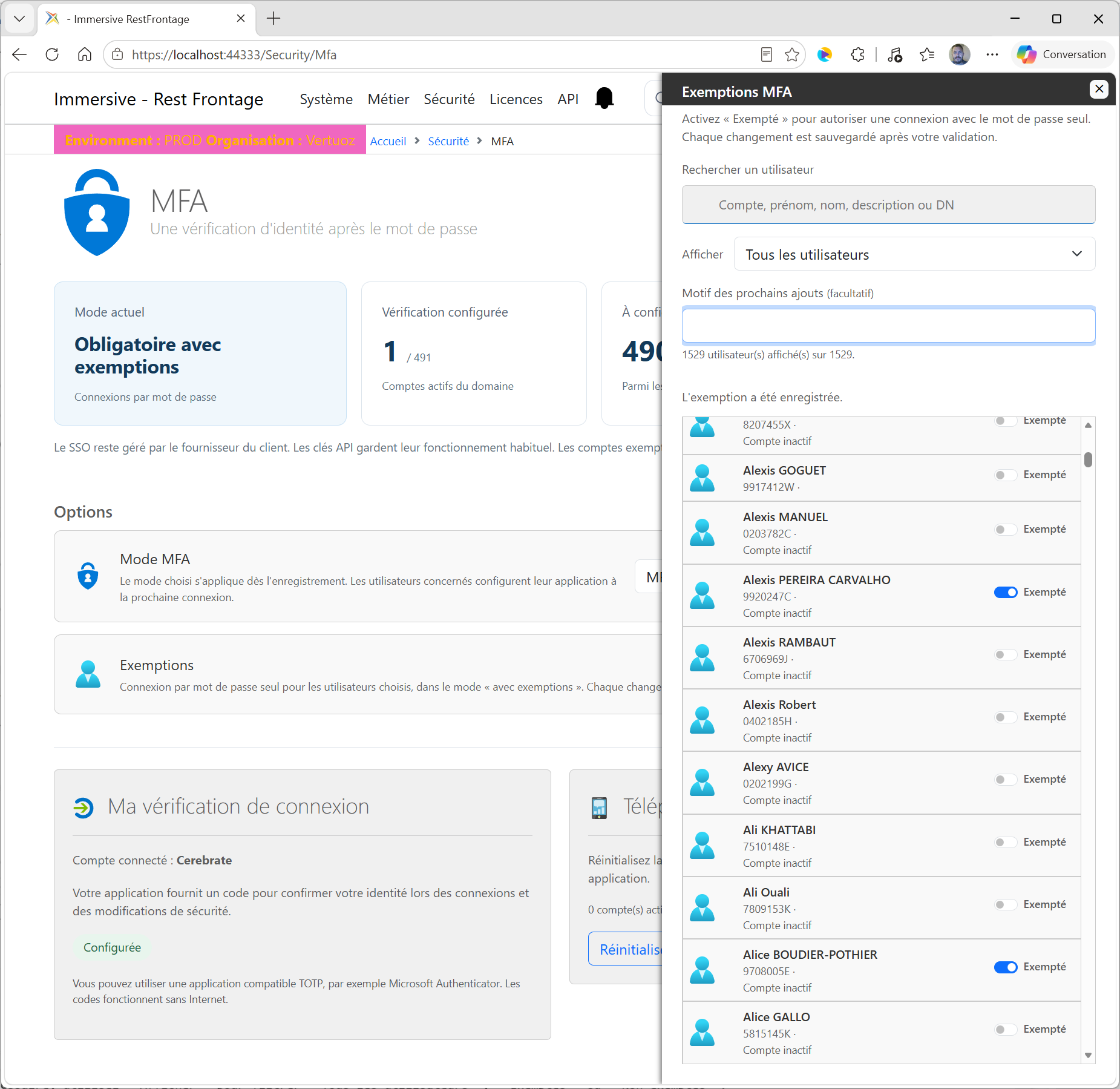 Ricerca degli utenti e gestione individuale delle esenzioni MFA