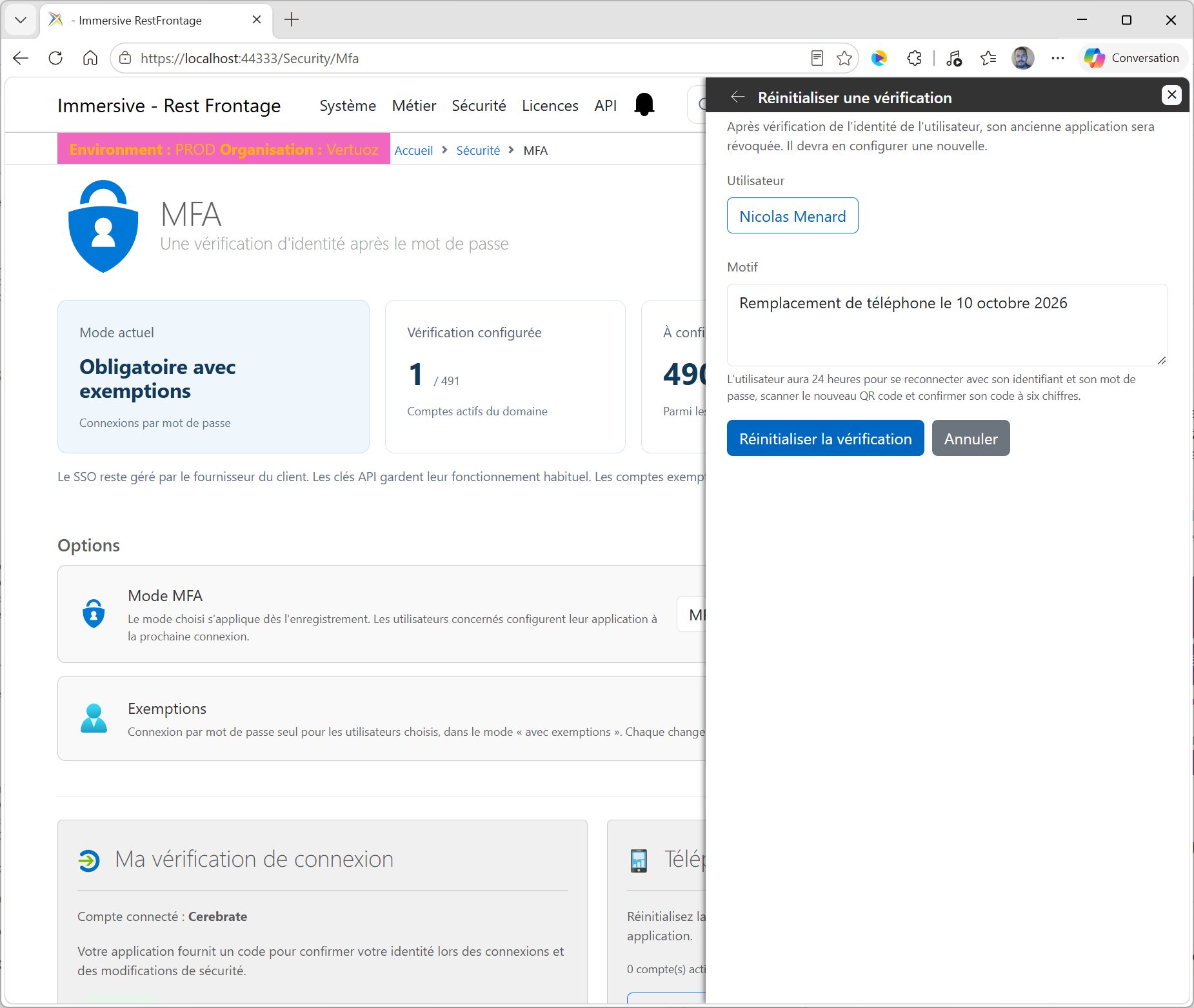 Selezione utente e conferma di reset MFA