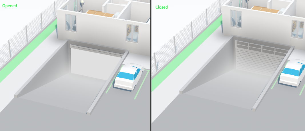 Modifica del modello 3D della porta del garage in base al suo stato aperto o chiuso.
