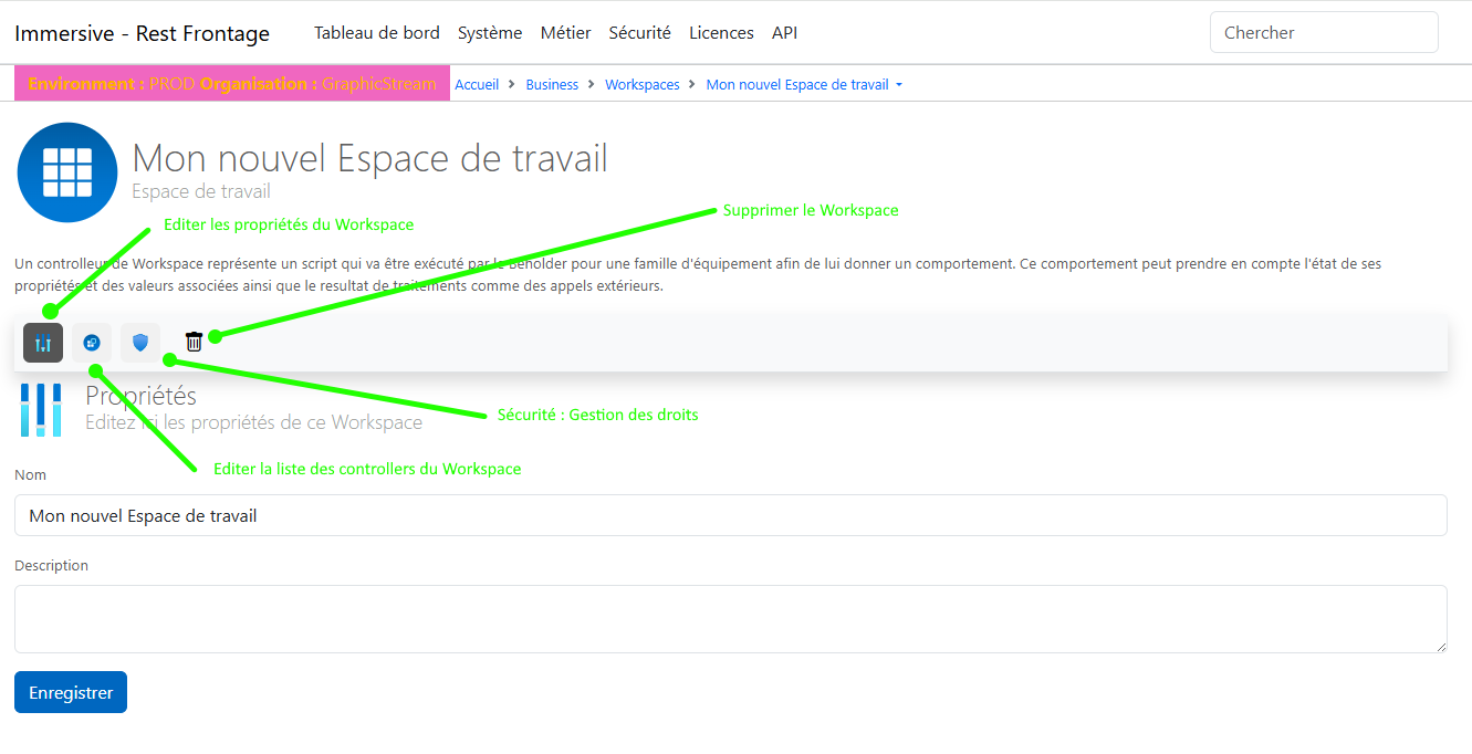 Parties de la fiche d'un Workspace.