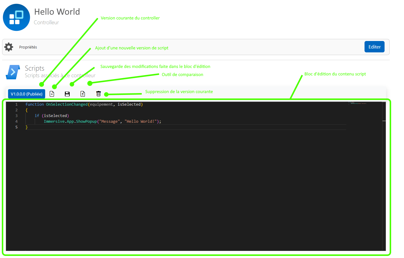 Partie de l'interface d'édition de scripts.