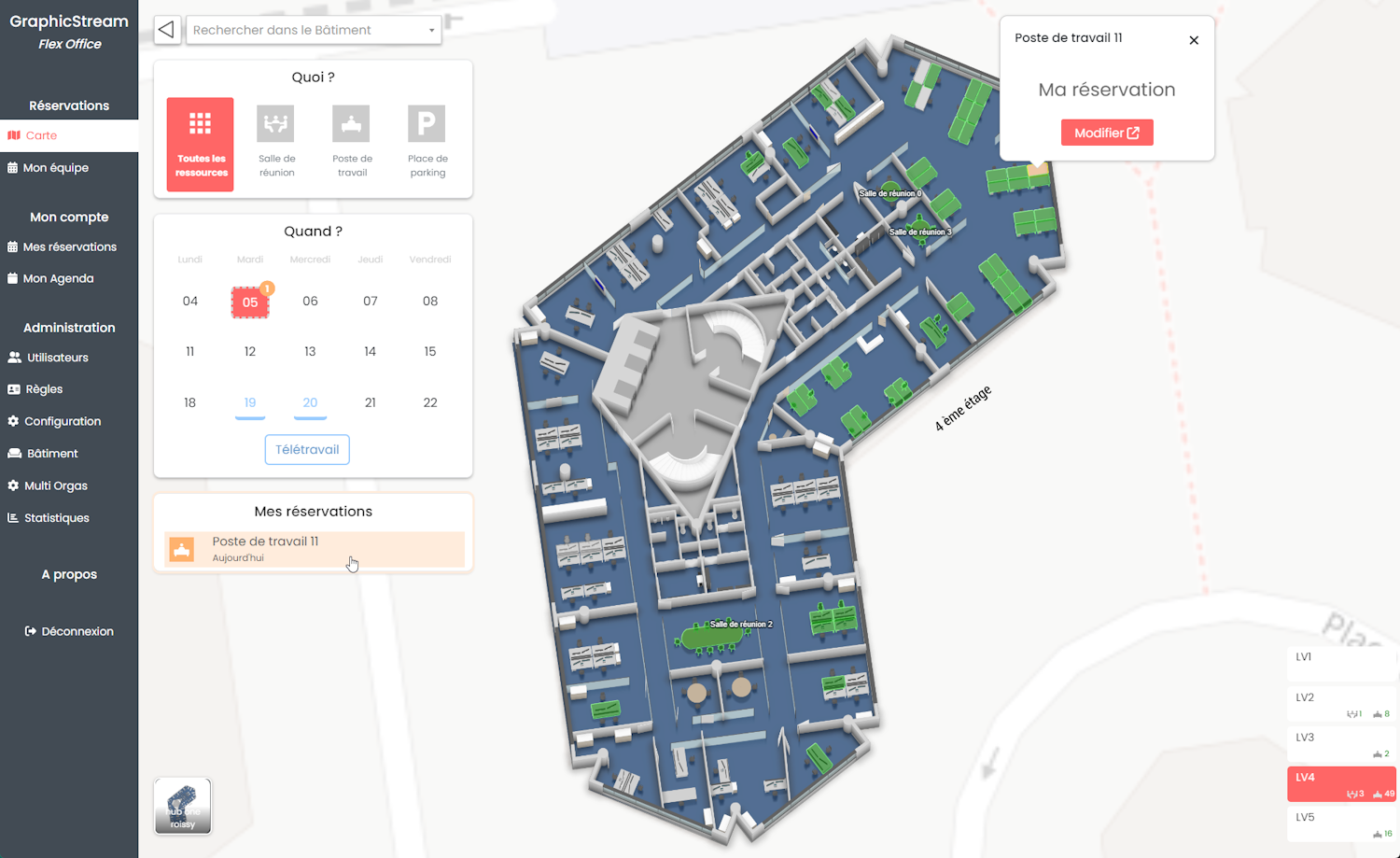 Interface cartographique de réservation Flex Office