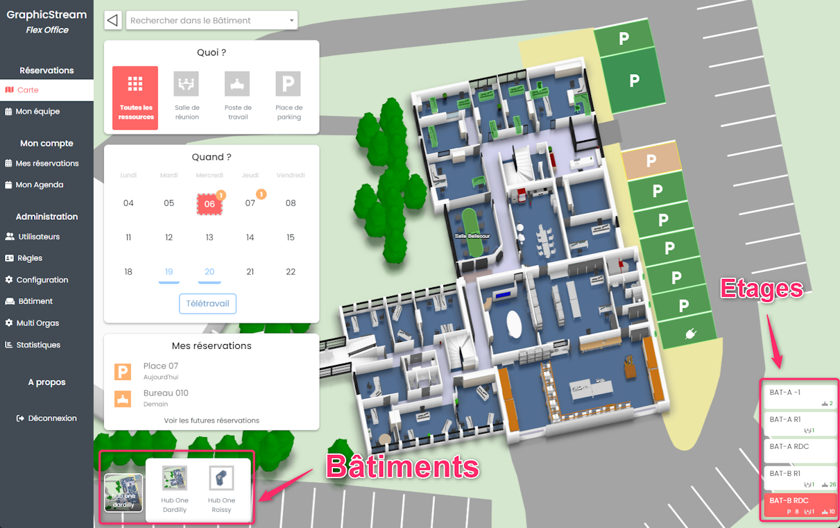 Navigation entre plusieurs cartes Flex Office